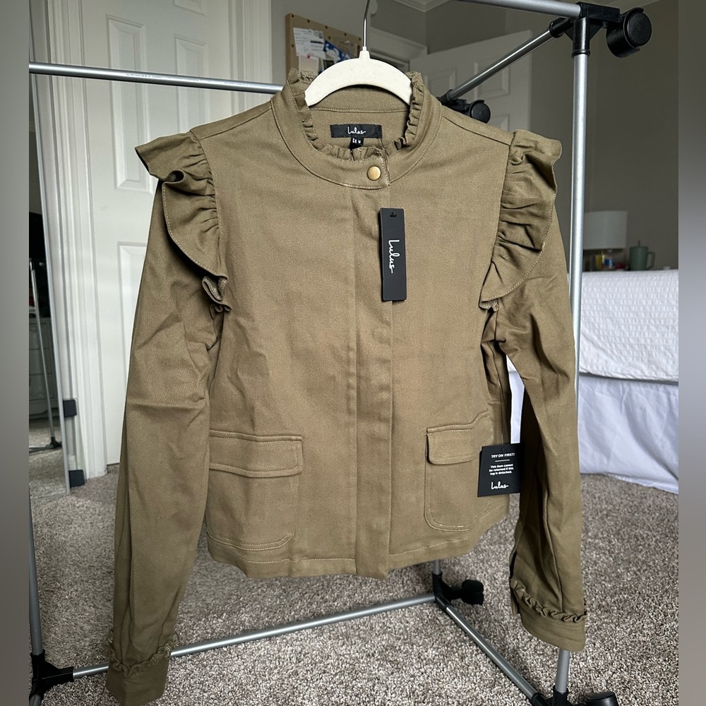 Lulu’s Olive Ruffle Trim Utility Jacket - Picture 5 of 6